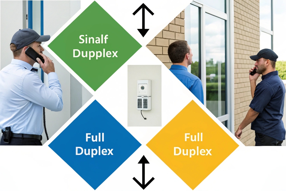 Comparison graphic of simplex and full-duplex intercom calling: security staff using handsets on either side of a wall intercom with colored diamonds labeled Single Duplex and Full Duplex.