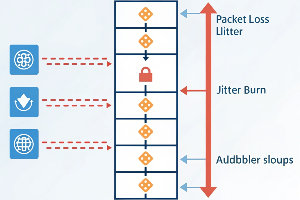 VoIP network diagram showing packet flow, jitter buffer and packet loss concept