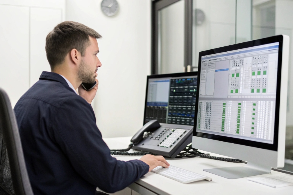 Control center, technician managing communication systems