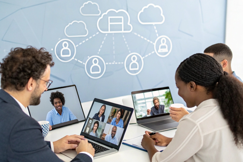 Virtual meeting with multiple participants on laptops