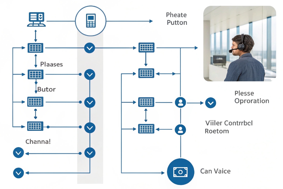 Blue process flow diagram of an intercom / call-handling system with multiple screens and user icons connected by arrows, plus a photo of a man wearing a headset at a workstation.
