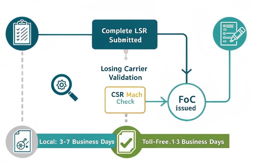 FOC issuance process diagram from LSR submission CSR validation to carrier timelines