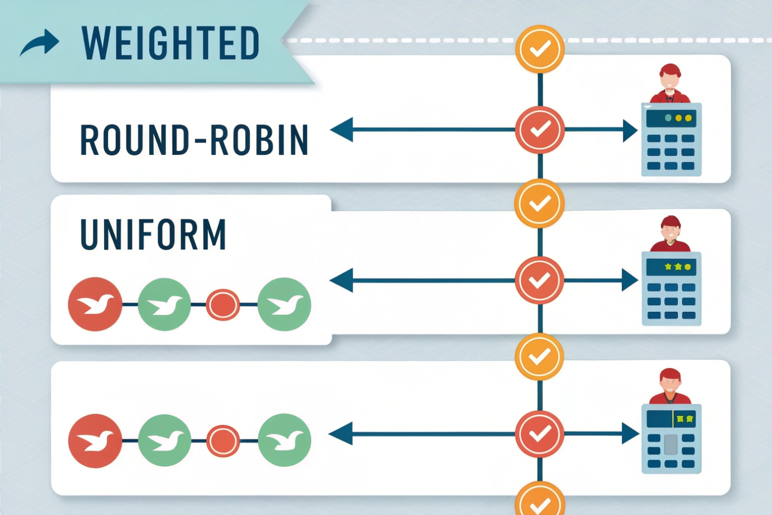 Illustration comparing WEIGHTED ROUND-ROBIN and UNIFORM call distribution, with rows of icons representing calls flowing through checkmarks to different agents and calculators showing their resulting workload