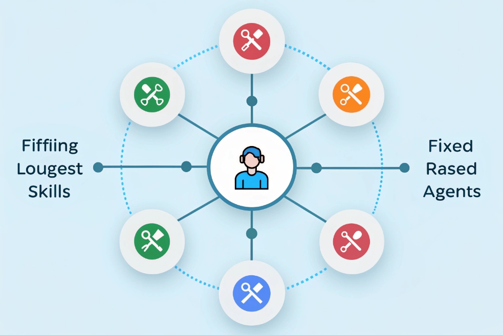 Call center skill based routing diagram around central support agent icon
