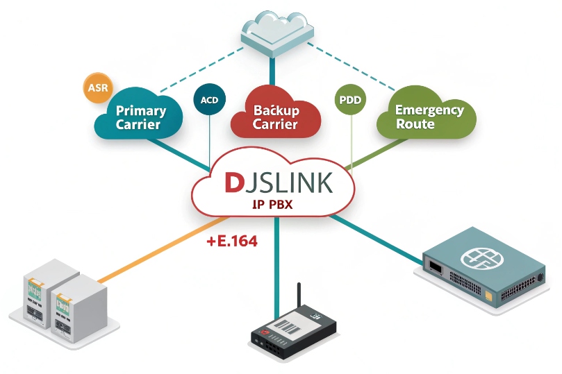Diagram showing DJSLINK IP PBX connecting to primary and backup carriers plus emergency route using E.164 numbering
