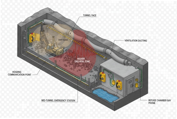 Mine tunnel layout diagram showing gas risk zone, ventilation ducting, and emergency phone stations