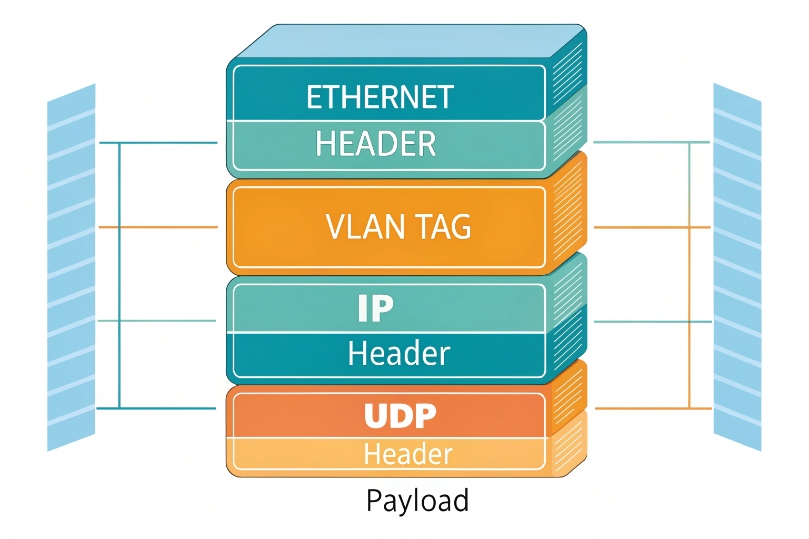 Layered protocol stack diagram illustrating Ethernet header, VLAN tag, IP header, UDP header, and underlying payload for a VoIP packet