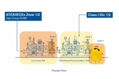 ATEX IECEx zone map showing Class I Div 1/2 coverage for skid areas