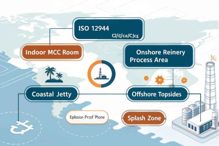 ISO 12944 corrosion zones map for explosion-proof phones from MCC to splash zone.