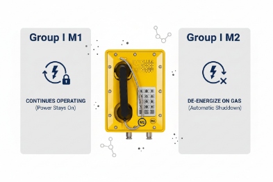 Infographic comparing Group I M1 and M2 mining explosion-proof telephone operating modes