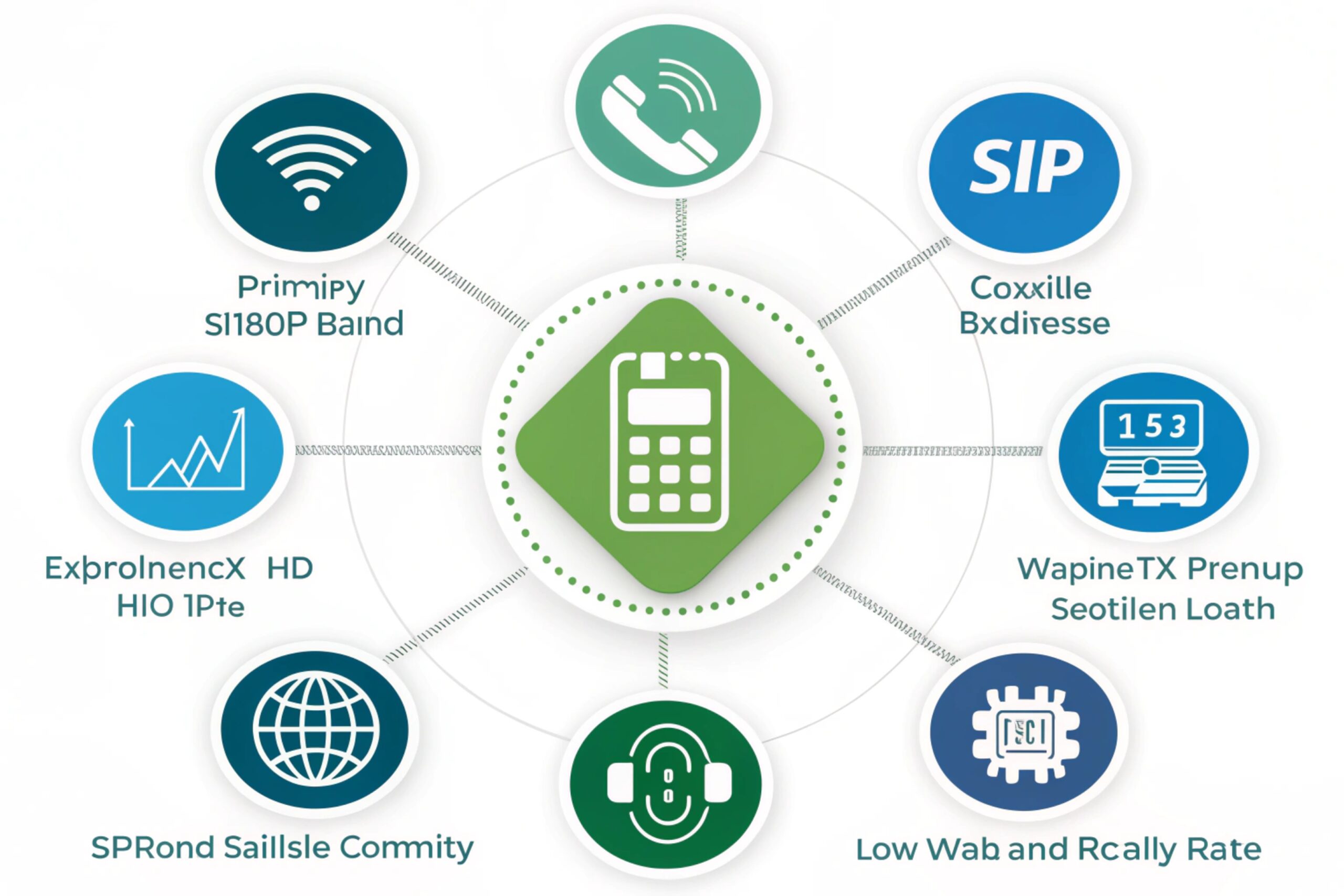 SIP communication features infographic with icons for VoIP, WiFi, analytics and security