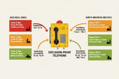 Explosion-proof telephone compliance diagram for ATEX IECEx zones and NEC CEC classes