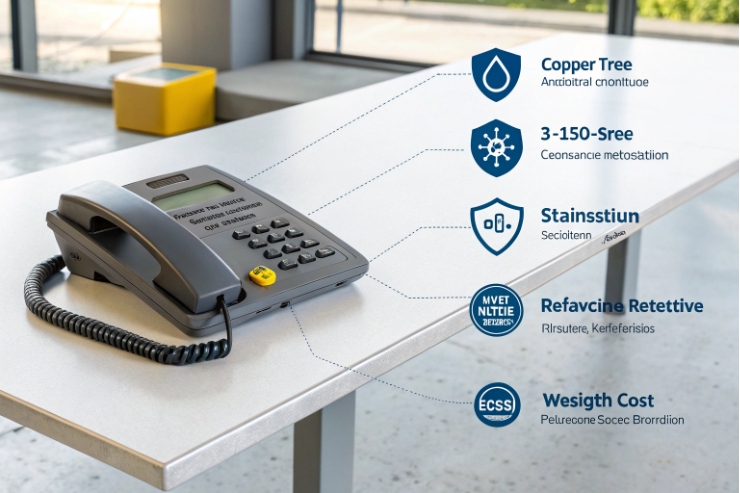 Desktop VoIP phone with security feature icons for enterprise communication solutions