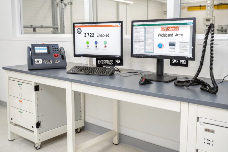SIP phone test bench with monitors showing G.722 enabled and PBX registered status