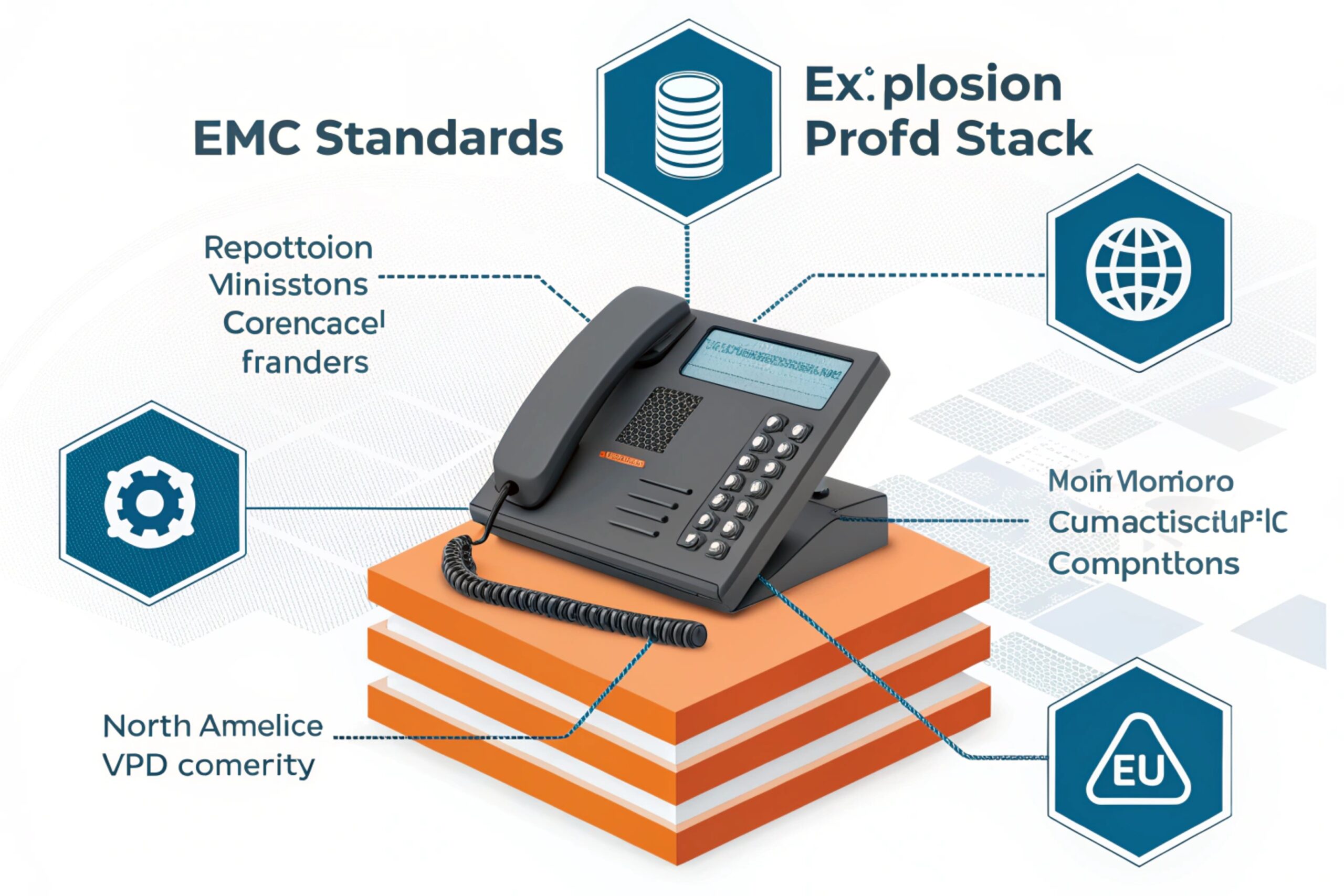 Infographic labeled “EMC Standards” showing a desk phone on stacked layers with icons for data, globe, EU compliance, and system components—suggesting certification and electromagnetic compatibility requirements