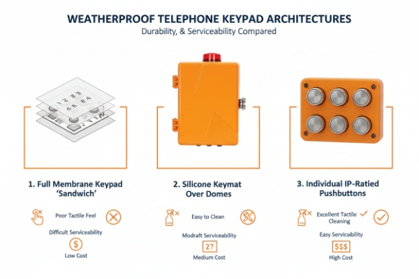 Infographic comparing weatherproof telephone keypad designs for durability and serviceability