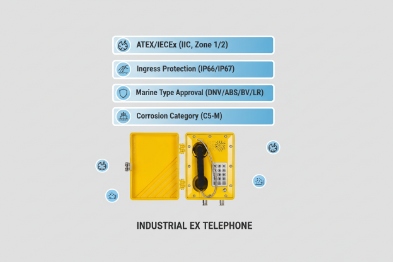 Industrial EX telephone highlights ATEX IECEx IP66 IP67 marine approval and corrosion rating