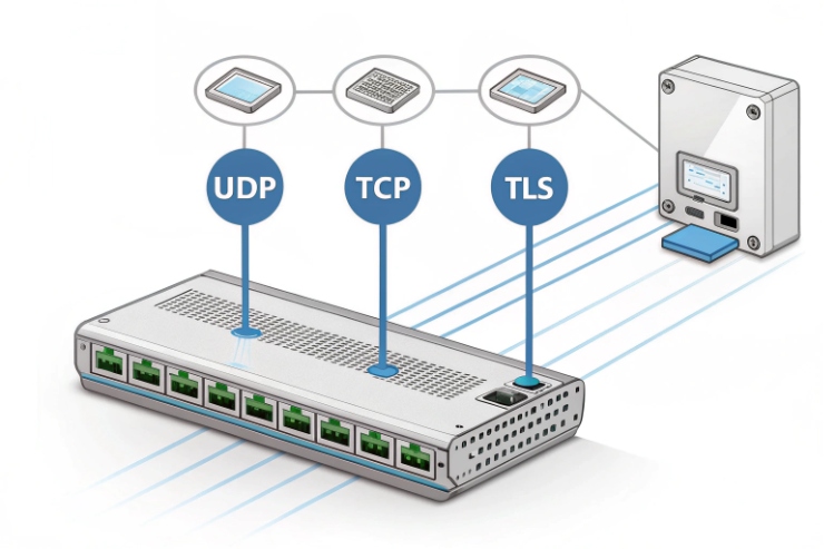 Network switch diagram showing SIP connectivity using UDP, TCP, and TLS transport options.