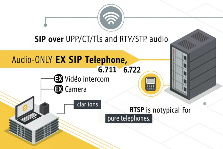 Infographic showing an audio-only EX SIP telephone (G.711 / G.722) and noting RTSP is not typical for pure telephones, with server/VMS icons