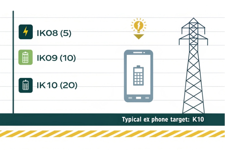 Impact rating infographic comparing IK08, IK09, and IK10 for Ex phones.