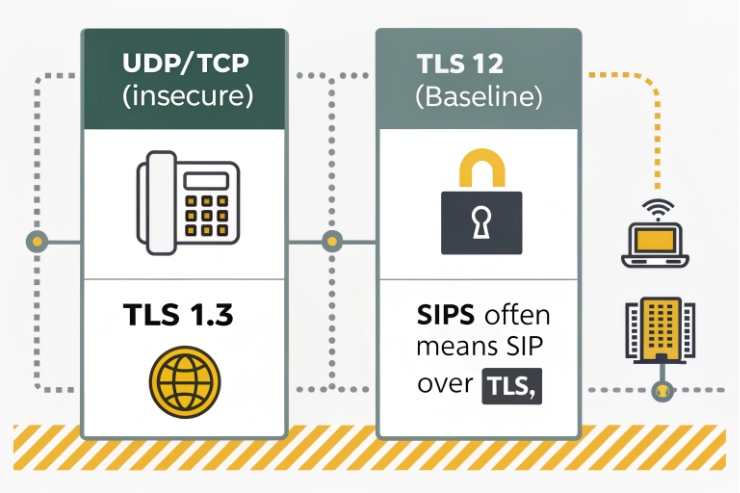 VoIP security infographic comparing UDP/TCP, TLS 1.2 baseline, and TLS 1.3