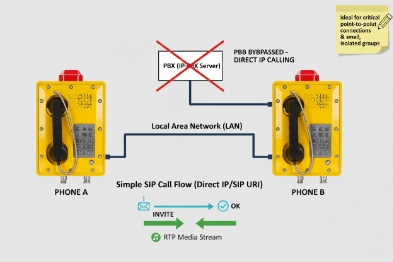 PBX bypass diagram shows two EX phones making direct SIP calls on LAN