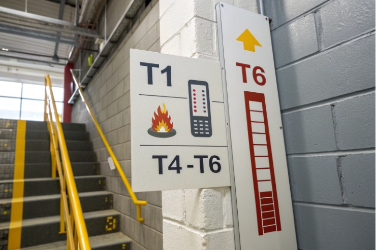 Temperature class signage showing T1 and T4-T6 with T6 scale near stairs