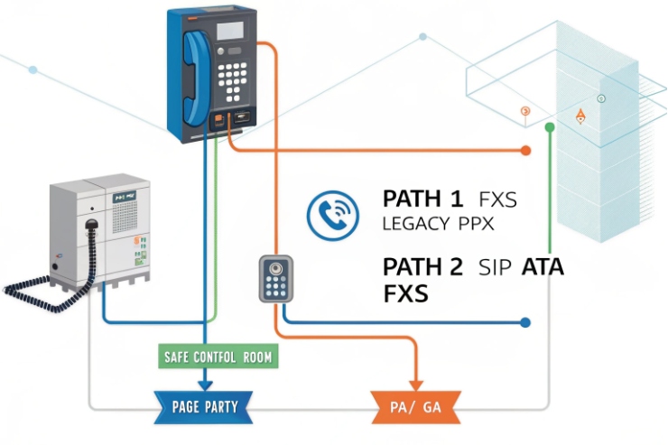 Wiring diagram showing two integration paths: Path 1 legacy FXS/PBX and Path 2 SIP ATA/FXS to PA/GA and page party from a safe control room.