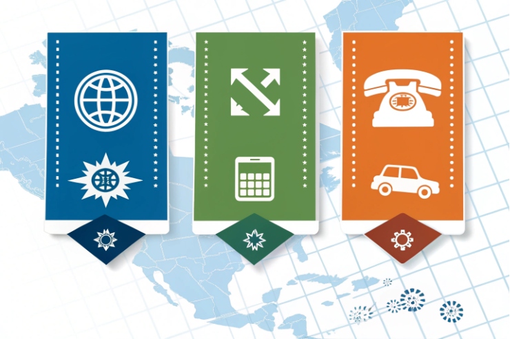 Global communication icons showing internet, scalability, and telephone services