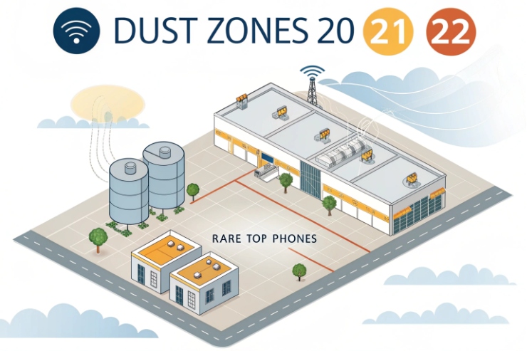 Dust hazardous area zones 20 21 22 infographic for industrial plant layout.