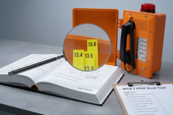 Lab IP66 spray test for orange waterproof SIP intercom with technician monitoring