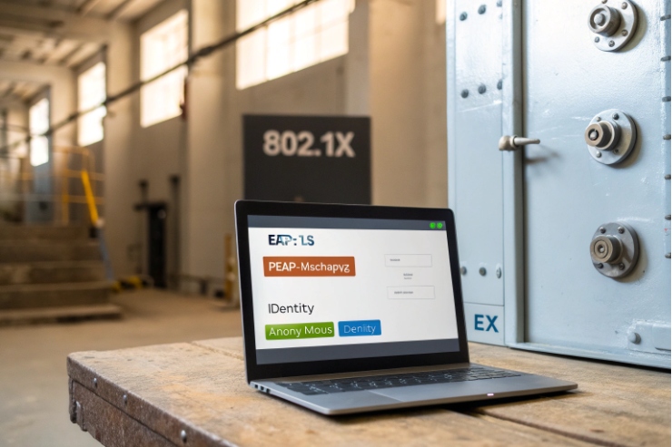 Industrial desk/lab scene with a laptop showing 802.1X login (EAP-TLS / PEAP-MSCHAPv2 identity screen) near EX-rated equipment