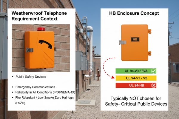 Weatherproof telephone enclosure infographic showing UL94 ratings for safety-critical public devices