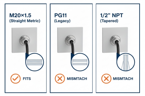 Cable thread guide comparing M20x1.5 fit versus PG11 and 1/2 NPT mismatch