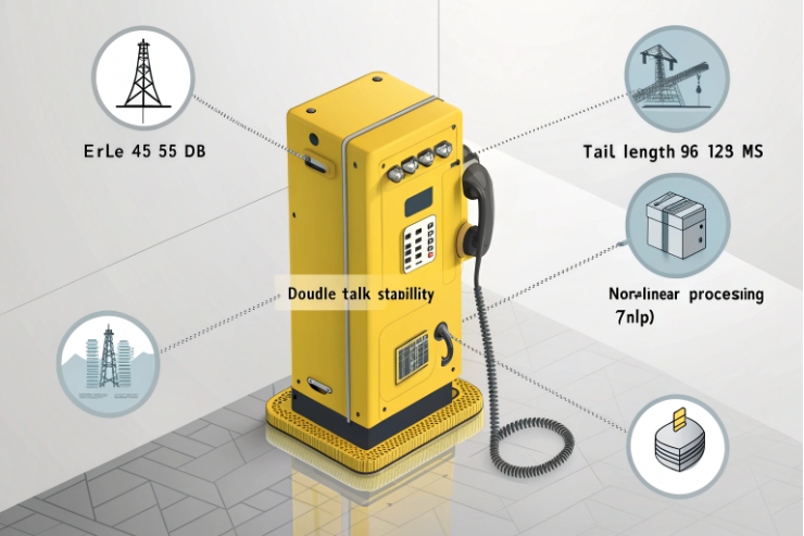 Industrial yellow emergency phone infographic showing echo control, processing delay, and double-talk stability