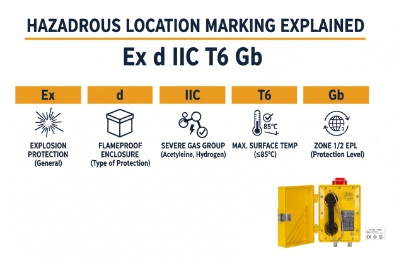 Hazardous location marking chart explaining Ex d IIC T6 Gb for phones