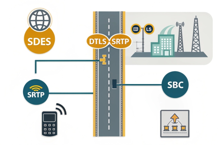 VoIP security diagram showing SDES, DTLS-SRTP, SRTP, and SBC connectivity