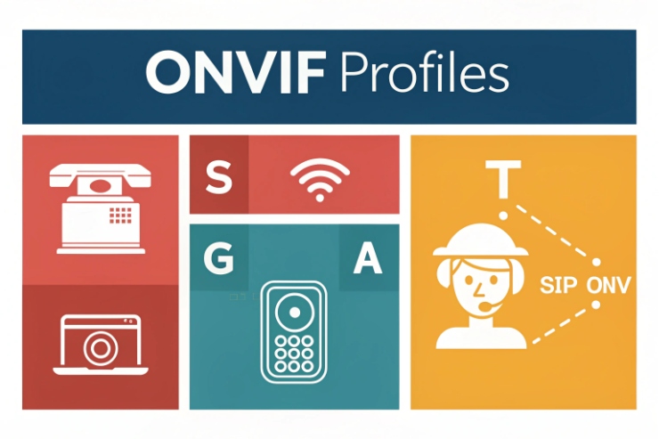 Infographic titled “ONVIF Profiles” showing icons and blocks for Profiles S, G, A, and T