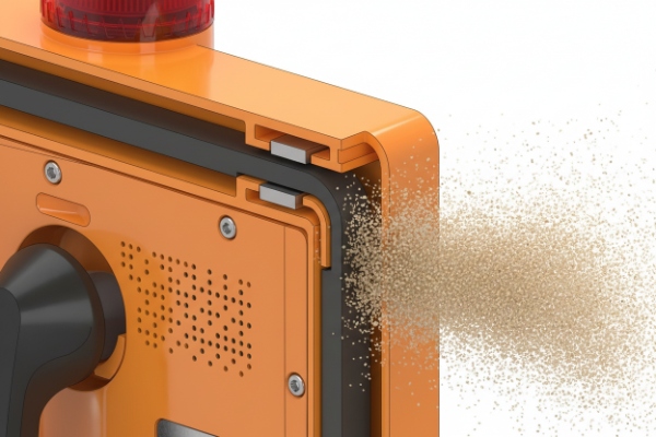 Close-up of rugged SIP phone enclosure seal resisting sand and dust ingress