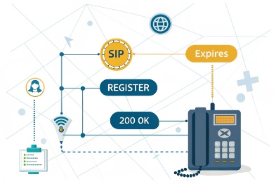 SIP REGISTER signaling diagram showing 200 OK response and Expires refresh timer