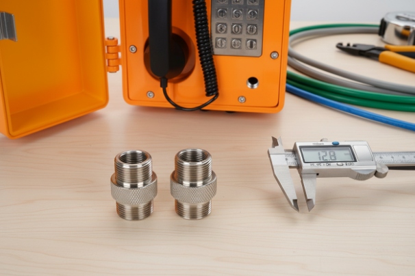 Threaded cable glands measured with digital caliper for waterproof SIP phone installation