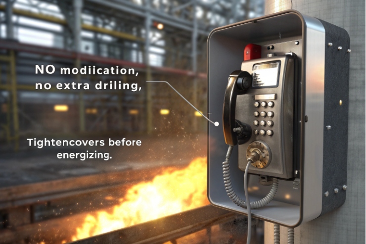 Explosion-proof industrial phone in hood, warning against drilling or modification near flames.