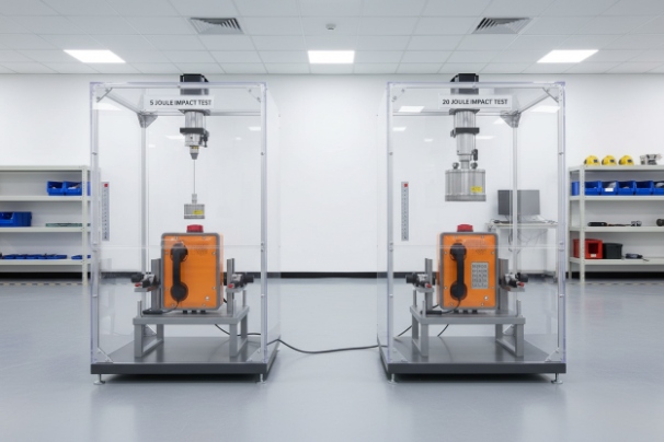 IK impact test rigs evaluating rugged SIP emergency phones inside laboratory chambers