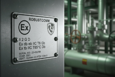 Close-up Ex certification nameplate showing ATEX IECEx markings on industrial enclosure
