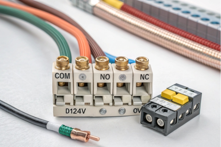 COM NO NC relay terminal block wiring for 24V control interface.