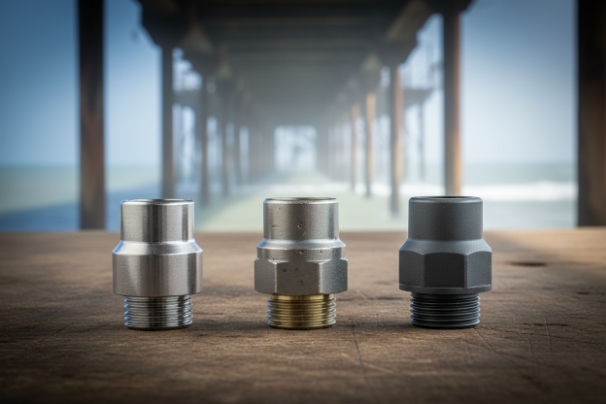 Three waterproof cable gland fittings displayed on table with coastal pier background