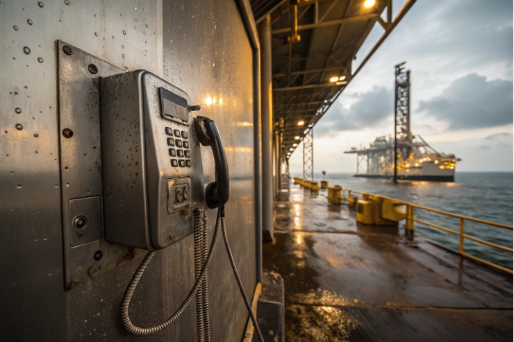 Rugged wall-mounted industrial phone with keypad on wet pier, offshore rig background.