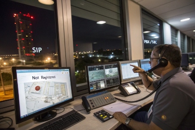 Control room operator monitors SIP intercom status while dispatching emergency calls at night