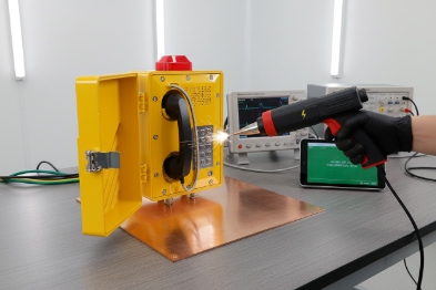 ESD gun testing explosion-proof SIP phone immunity on laboratory bench