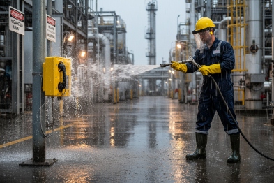 Worker performs high-pressure washdown test on industrial explosion-proof SIP phone